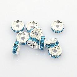 Sky Blue Brass Rhinestone Spacer Beads, Grade A, Silver Color Plated, Rondelle, Sky Blue, Size: about 8mm in diameter, 3.5mm thick, hole: 2mm