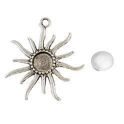 Antique Silver Pendant Making Sets, with Tibetan Alloy Flower Pendant Cabochon Bezel Settings and Glass Cabochons, Cadmium Free & Nickel Free & Lead Free, Antique Silver, 50x47x3mm, Hole: 4mm, Flat Round Tray: 12mm, 11.5~12x4mm