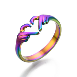 Rainbow Color 304 Stainless Steel Hand Heart Cuff Rings, Open Rings for Women Girls, Rainbow Color, US Size 6(16.7mm)