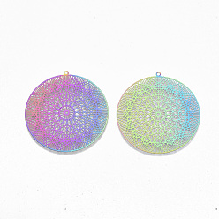 Rainbow Color Ion Plating(IP) 201 Stainless Steel Filigree Pendants, Etched Metal Embellishments, Flat Round, Rainbow Color, 44.5x43x0.3mm, Hole: 1.4mm