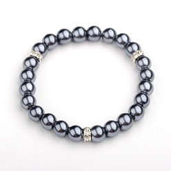 Gray Glass Pearl Round Beads Stretch Bracelets, with Silver Color Plated Brass Middle East Rhinestone Beads, Gray, 52mm