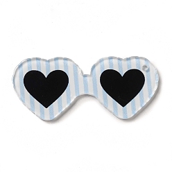 Light Blue Cute Opaque Printed Acrylic Pendants, Striped Heart Glasses Charm, Light Blue, 55x23.5x2mm, Hole: 2mm