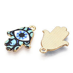 Turquoise Printed Light Gold Tone Alloy Pendants, Hamsa Hand with Eye Charms, Turquoise, 23x18x2mm, Hole: 1.4mm