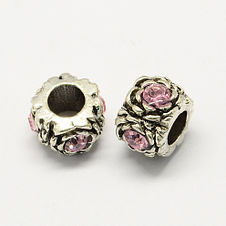 Rose Clair Perles européennes en strass d'alliage , fleurs perles grand trou, argent antique, rose clair, 12x8mm, Trou: 5mm