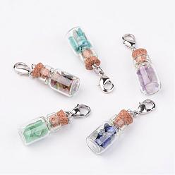 Mixed Stone Glass Bottle Pendants, with Natural & Synthetic Mixed Stone Chip Beads and Brass Lobster Claw Clasps, Platinum, 38mm