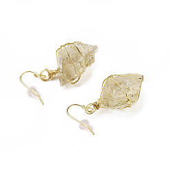 Quartz Natural Lemon Quartz Dangle Earrings, with Brass Findings and Plastic Ear Nuts, Nuggets, Golden, 22~50x10~23mm, Pin: 0.7mm