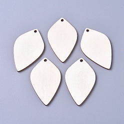 Floral White Unfinished Blank Poplar Wood Big Pendants, Undyed, Leaf, for Jewelry Making, Floral White, 58.5x34.9x2.5mm, Hole: 3mm