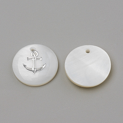 Platinum Freshwater Shell Pendants, Flat Round & Anchor, Platinum, 16x3.5~4mm, Hole: 1.2mm