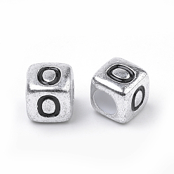 Letter O Plated Acrylic Beads, Horizontal Hole, Cube with Letter, Antique Silver, Letter.O, 6mm, Hole: 3mm, about 3000pcs/500g