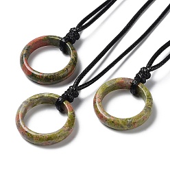 Unakite Natural Unakite Ring Pendant Necklace with Waxed Cords, 29.53~29.92 inch(75~76cm), Pendant: 26x6mm