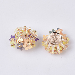PeachPuff PVC Paillette Cabochons, Cluster Beads, with Glass Seed Beads and Golden Plated Brass Perforated Disc Settings, Flower, PeachPuff, 20~23x10~11mm