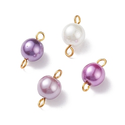 Medium Orchid Glass Imitation Pearl Connector Charms, with Golden Plated Double Iron Loops, Round, Medium Orchid, 14x7.5mm, Hole: 1.8mm and 2.5mm
