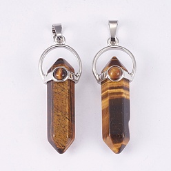 Tiger Eye Natural Tiger Eye Double Terminated Pointed Pendants, with Brass Findings, Bullet, Platinum, 38.5~40.5x14.5x13mm, Hole: 4x8mm