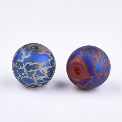 Blue Electroplate Glass Beads, Frosted, Round with Pattern, Blue, 8~8.5mm, Hole: 1.5mm