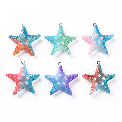 Mixed Color Resin Pendants, with Platinum Iron Loops, Gradient Color, Starfish, Mixed Color, 38x36~37x12mm, Hole: 2mm