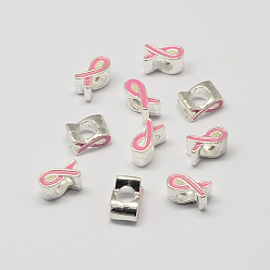 Pink Alloy Enamel Awareness Ribbon Large Hole European Beads, Silver Color Plated, Pink, 11x6x8mm, Hole: 5mm