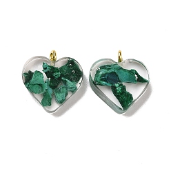Green Transparent Resin Natural Malachite Jasper Dyed Chips Pendants, with Golden Tone Brass Loops, Heart Charm, Green, 16.5x15.5x6~6.5mm, Hole: 2mm