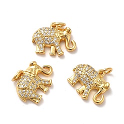 Golden Rack Plating Brass Micro Pave Cubic Zirconia Pendants, with Jump Rings, Long-Lasting Plated, Elephant, Clear, Golden, 12x14x3mm, Hole: 3mm