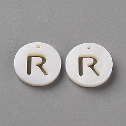 Letter R Natural Freshwater Shell Pendants, Flat Round with Letter, Letter.R, 12x1.5mm, Hole: 1mm