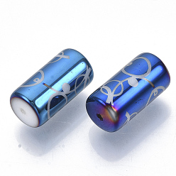 Dodger Blue Electroplate Glass Beads, Column with Circle Dot Pattern, Dodger Blue, 20x10mm, Hole: 1.2mm, about 50pcs/bag