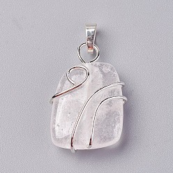Quartz Crystal Natural Quartz Crystal Pendants, with Brass Findings, Trapezoid, Silver Color Plated, 32~33x21~23x10~11mm, Hole: 8x5mm