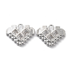 Real Platinum Plated Rack Plating Brass Micro Pave Cubic Zirconia Pendants, Heart Charm, Real Platinum Plated, 11.5x14x2.5mm, Hole: 1.5mm