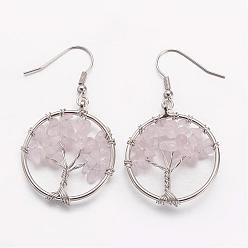 Rose Quartz Dangle Earrings, with Natural Rose Quartz Beads and Brass Hooks, Ring with Tree of Life, 50mm, Pin: 0.6mm