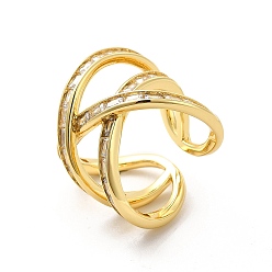 Oro Anillo de puño abierto entrecruzado de circonita cúbica transparente, anillo hueco ancho de latón para mujer, dorado, tamaño de EE. UU. 7 3/4 (17.9 mm)