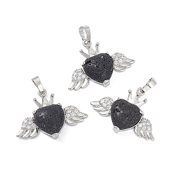Lava Rock Natural Lava Rock Pendants, Heart Charms with Wings & Crown, with Platinum Tone Brass Crystal Rhinestone Findings, 26x35.5x8mm, Hole: 8x5mm