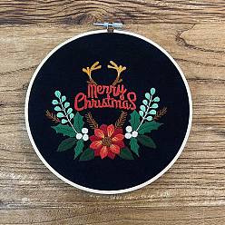 Flower DIY Christmas Theme Embroidery Kits, Including Printed Cotton Fabric, Embroidery Thread & Needles, Plastic Embroidery Hoop, Flower, 275x275mm