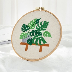 Dark Green Monstera Leaf Pattern DIY Embroidery Beginner Kit, including Embroidery Needles & Thread, Cotton Linen Fabric, Dark Green, 27x27cm