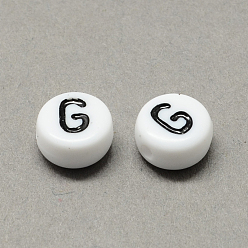 Letter G Perles de lettres à trous horizontaux acryliques blanches et noires, rond et plat avec letter.g, 7x4mm, Trou: 1.3mm, environ3600 pcs / 500 g