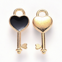 Black Alloy Enamel Pendants, Heart Key, Light Gold, Black, 16x7x2.5mm, Hole: 1.8mm