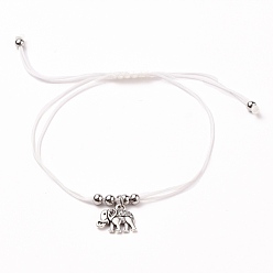 Antique Silver & Stainless Steel Color Braided Nylon Thread Anklets, with 304 Stainless Steel Round Beads and Alloy Charms, Elephant, Antique Silver & Stainless Steel Color, Inner Diameter: 2-3/4~3-3/4 inch(7~9.5cm)