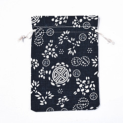 Others Printed Polycotton(Polyester Cotton) Pouches, Drawstring Bags, Prussian Blue, Longevity Pattern, 17.5~18x12.7~13cm