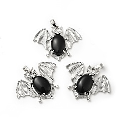 Obsidian Natural Obsidian Pendants, with Platinum Tone Brass Findings, Lead Free & Cadmium Free, Bat Charms, 32x43x8mm, Hole: 5x8mm