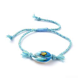 Other Animal Adjustable Braided Bead Bracelets, with Printed Cowrie Shell Beads and Cotton Cord, Sea Turtle Pattern, Inner Diameter: 3/4 inch~3 inch(2.1~7.8cm)
