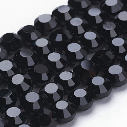Black Glass Beads Strands, Faceted, Flat Round, Black, 6x4mm, Hole: 1mm, about 72pcs/strand, 15.7 inch