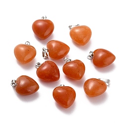 Red Aventurine Natural Red Aventurine Pendants, with Platinum Brass Loops, Heart, 18~19x15~15.5x6~8mm, Hole: 6x2.5~3mm