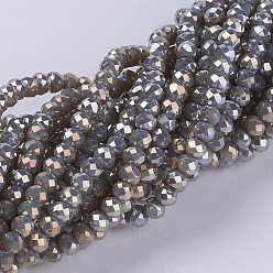 Gray Electroplate Glass Beads Strands, Full Rainbow Plated, Faceted, Rondelle, Gray, 3~3.5x2~2.5mm, Hole: 0.8mm, about 135~140pcs/strand, 14.6 inch(37cm)