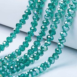Cyan Foncé Perles en verre electroplate, de couleur plaquée ab , facette, rondelle, dark cyan, 3.5x3mm, Trou: 0.4mm, Environ 123~127 pcs/chapelet, 13.7~14.1 pouce (35~36 cm)