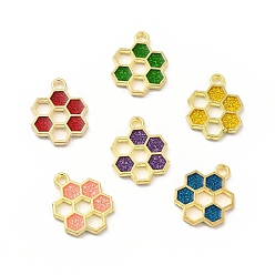 Mixed Color Alloy Enamel Pendants, Honeycomb Charm, Golden, Mixed Color, 19x15x1.5mm, Hole: 2mm