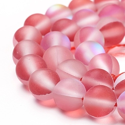 Rouge Brins synthétiques de perles de lune, perles holographiques, teint, givré, ronde, rouge, 8mm, Trou: 1mm, Environ 45~47 pcs/chapelet, 14~15 pouce
