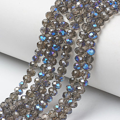 Coffee Electroplate Glass Beads Strands, Half Plated, Blue Plated, Faceted, Rondelle, Coffee, 3.5x3mm, Hole: 0.4mm, about 123~127pcs/strand, 13.7~14.1 inch(35~36cm)