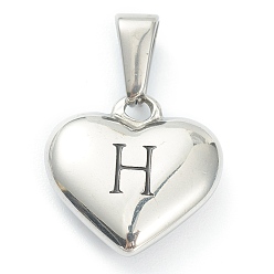 Letter H Pendentifs en acier inoxydable, coeur avec lettre noire, couleur inox, letter.h, 304mm, Trou: 16x16x4.5mm