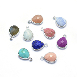 Platinum Natural Gemstone Charms, with Brass Findings, Faceted, teardrop, Platinum, 14x9.5x5mm, Hole: 1mm