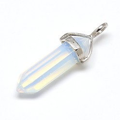 Opalite Opalite Double Terminated Pointed Pendants, with Random Alloy Pendant Hexagon Bead Cap Bails, Bullet, Platinum, 36~45x12mm, Hole: 3x5mm, Gemstone: 10mm in diameter