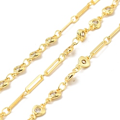 Golden Rack Plating Brass Heart & Oval Link Chains, with Clear Cubic Zirconia, Long-Lasting Plated, Soldered, with Spool, Cadmium Free & Lead Free, Golden, 8x5x1.5mm, 10x2x0.5mm
