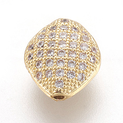 Golden Brass Micro Pave Cubic Zirconia Beads, Rhombus, Clear, Golden, 10x8x4mm, Hole: 0.8mm