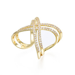 Прозрачный Открытое кольцо-манжета с кубическим цирконием крест-накрест, массивное широкое кольцо из настоящей позолоченной латуни для женщин, без никеля , прозрачные, размер США 18 8 (3/4 мм)